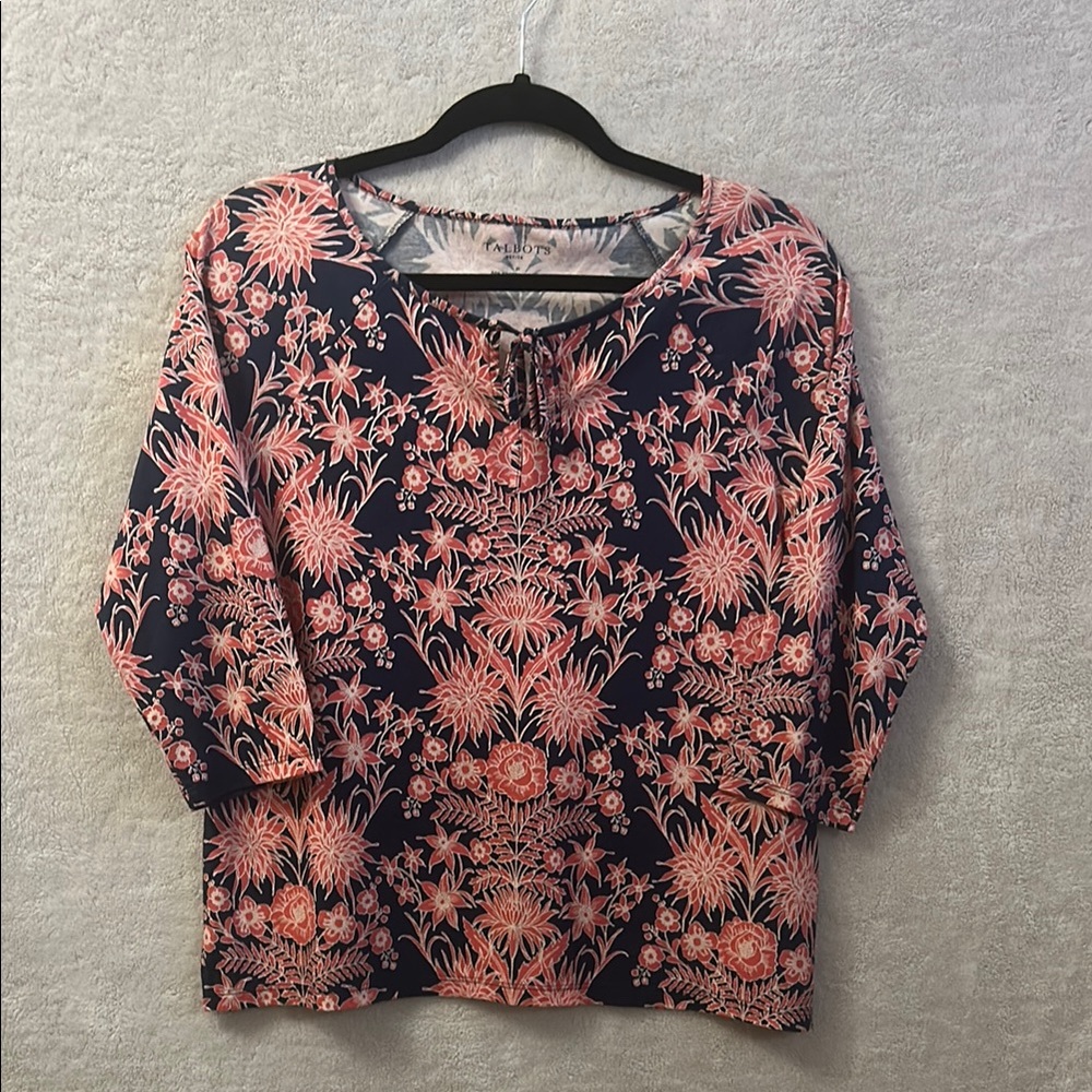 Talbots Blue Pink Floral Blouse 3/4 Sleeve Petite